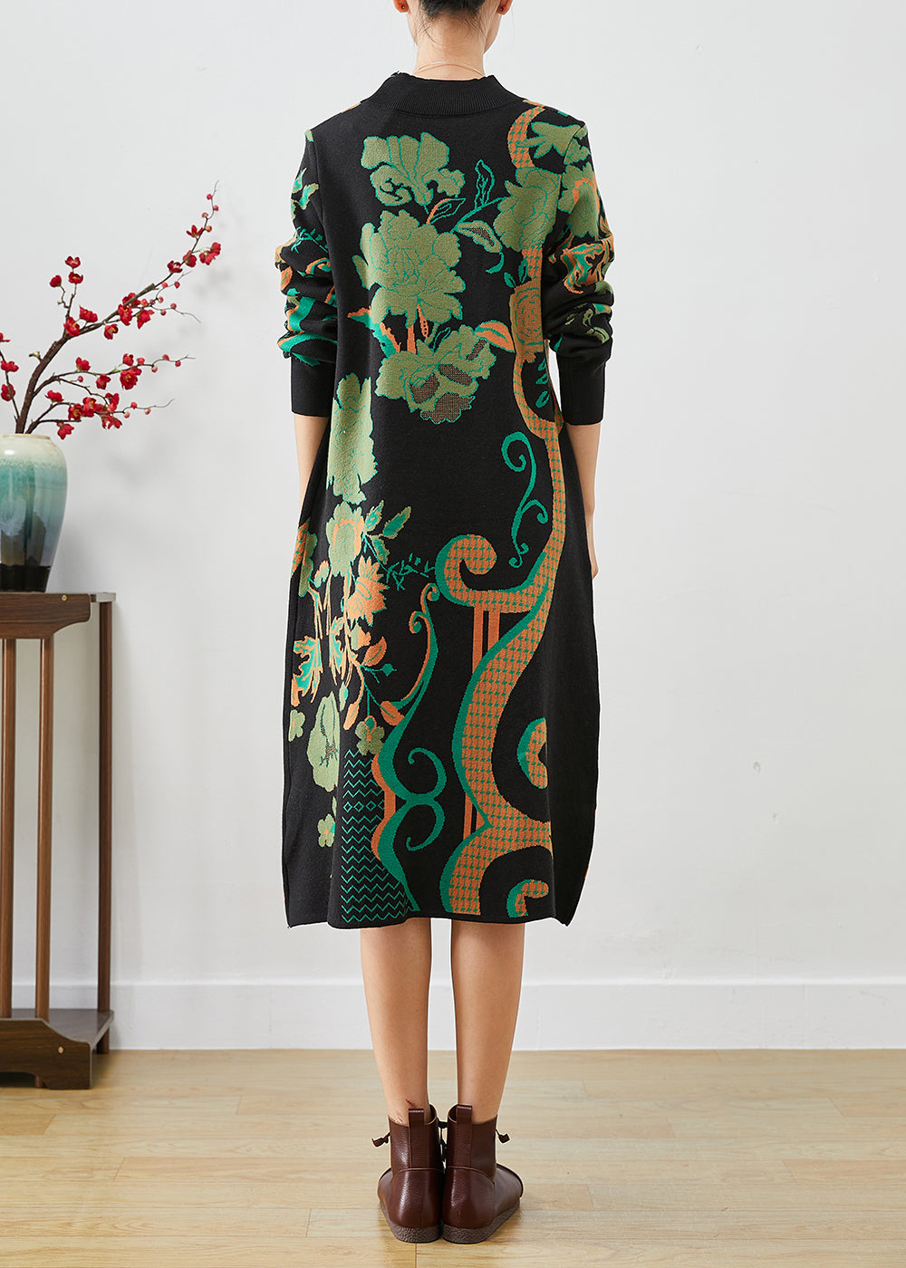 Fine Black Print Slim Fit Cotton a Line Dress Fall