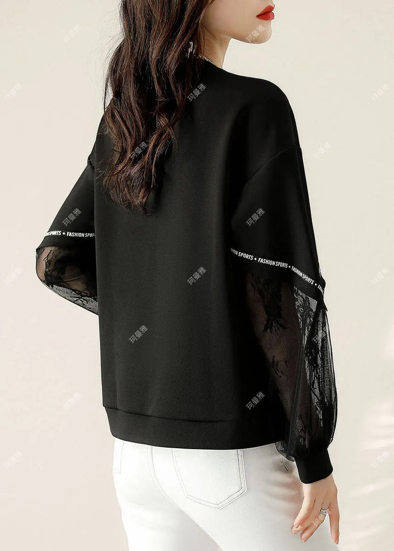 Black Tulle Print Cotton Loose Sweatshirt Spring