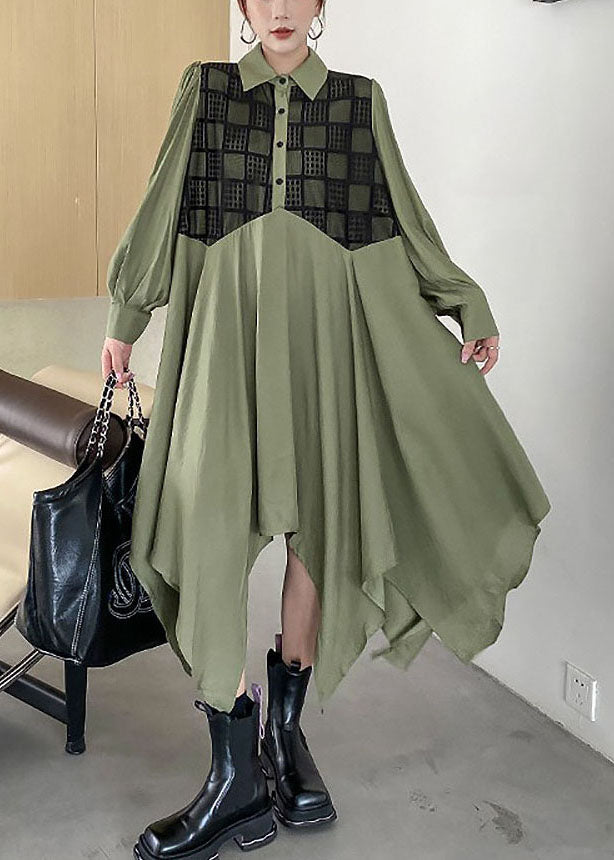 Army Green Asymmetrical Patchwork Cotton Shirt Dresses Spring
