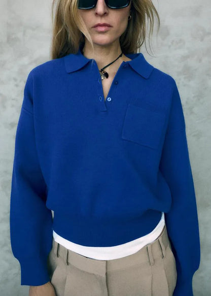 Simple Blue Peter Pan Collar Button Cotton Sweatshirt Fall