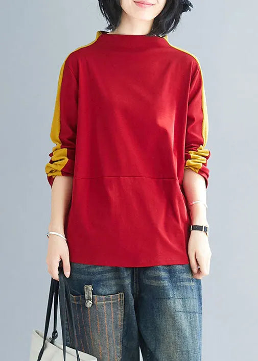 Natural Colorblock Stand Collar Oversized Patchwork Cotton Tops Spring