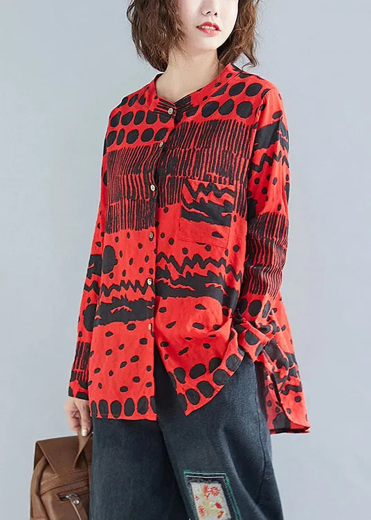 Red O-neck Button Print Pockets Fall Blouses Long Sleeve