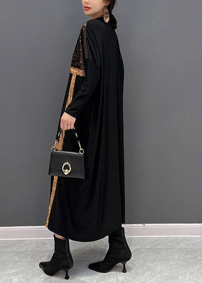Black O-neck Print Patchwork Cotton Maxi Dresses Fall