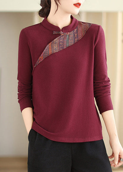 Purple Red Stand Collar Button Cotton Blouse Tops Fall