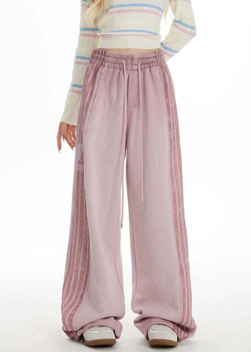 Pink Striped Elastic Waist Wide Leg Pants Spring