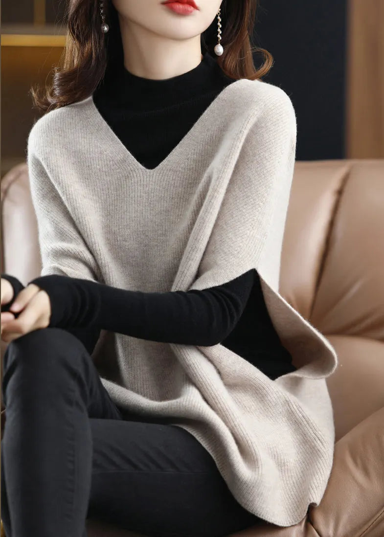 Beige V Neck Thick Knit Vest Sleeveless