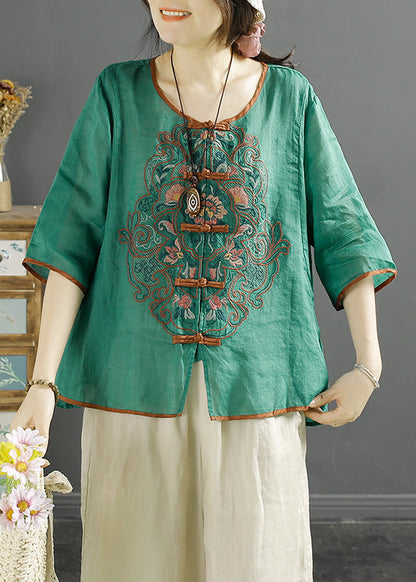 Chinese Style Purple O-neck Embroideried Linen Shirt Summer