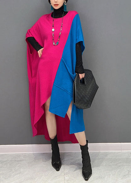 Original Design Colorblock O-neck Asymmetrical Patchwork Cotton Long Dresses Spring