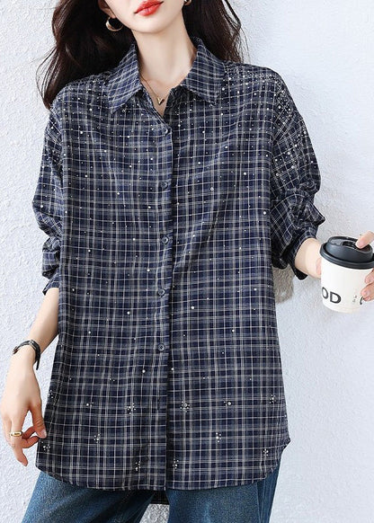 Blue Plaid Rhinestone Cotton Blouse Tops Fall