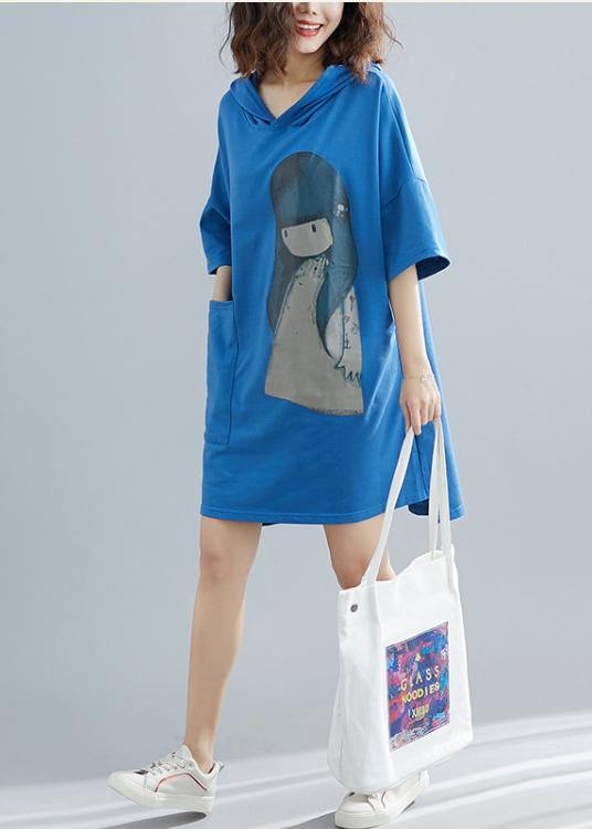 Blue Appliques Cotton Hooded Summer Party Dress