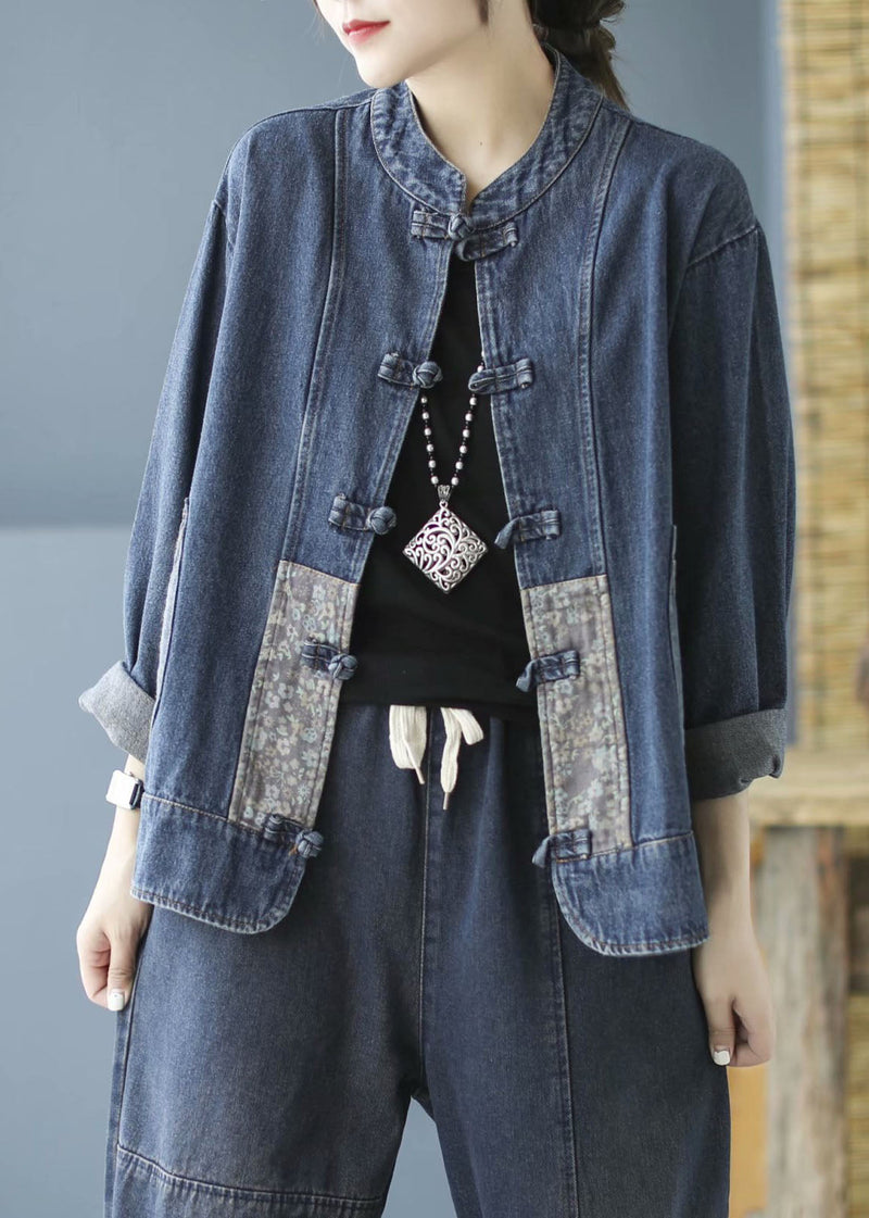 Blue Pockets Button Patchwork Fall Denim Long Sleeve Coat