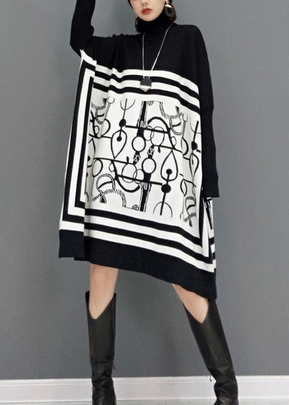 Diy White Turtle Neck Print Knit Long Dresses Spring