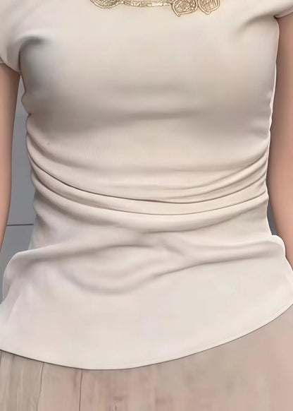 Beige Embroideried Cotton One Shoulder Tops Summer