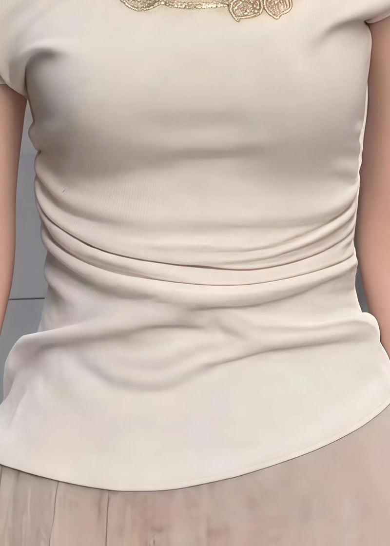 Beige Embroideried Cotton One Shoulder Tops Summer