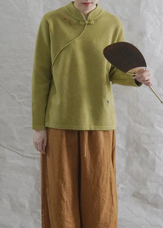 Style Yellow Retro Embroideried Fall Knit Tops
