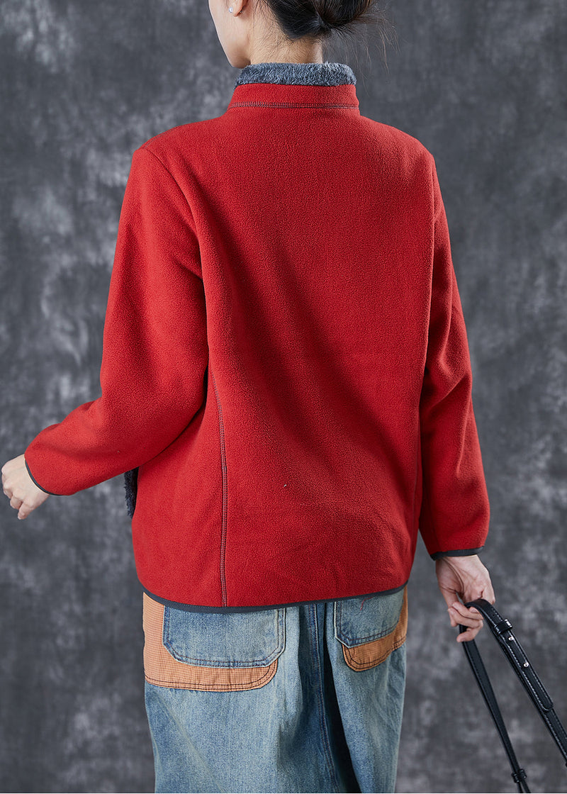 Simple Red Embroideried Warm Fleece Coat Winter