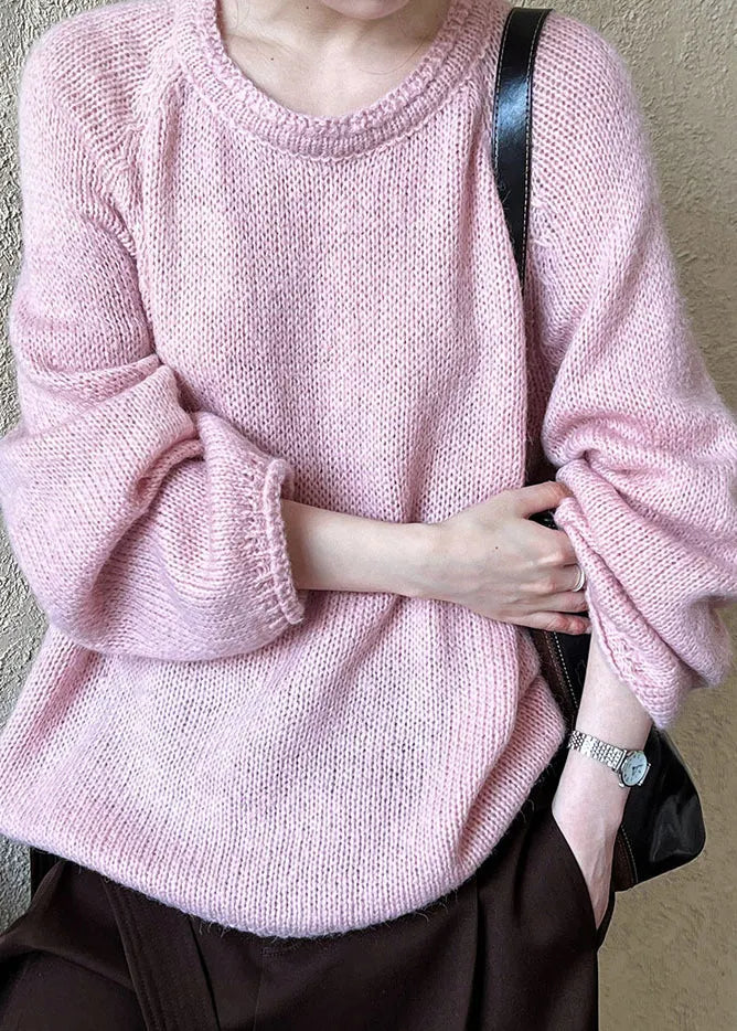Loose Blue O Neck Knit Sweaters Long Sleeve