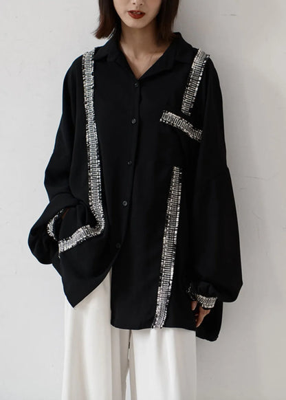 Black Button Pockets Patchwork Chiffon Shirt Fall