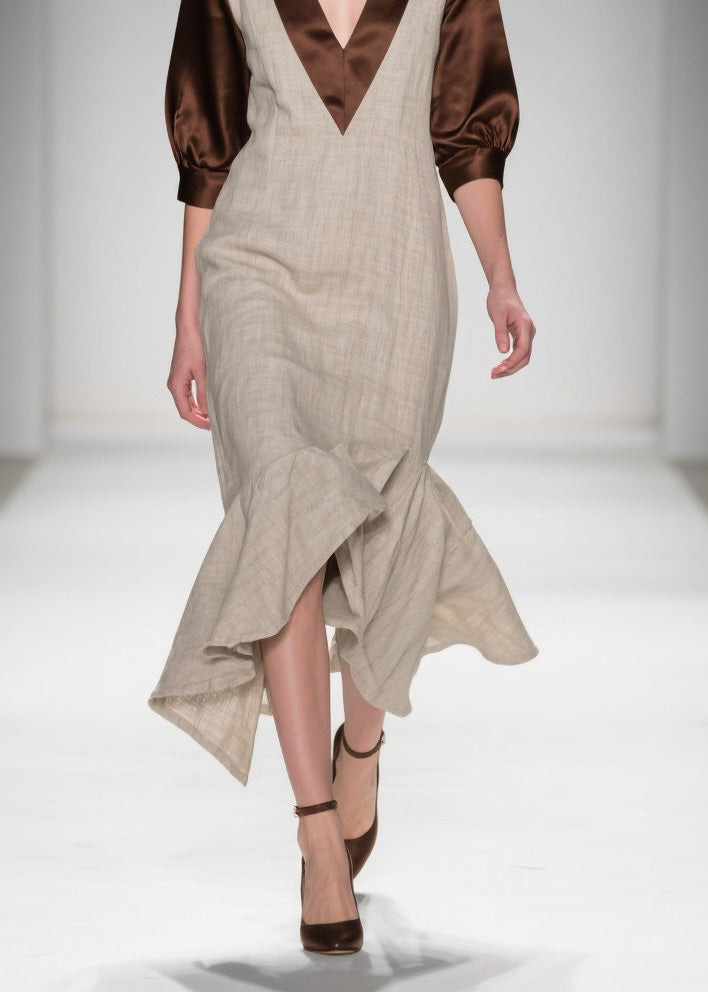 V Neck Ruffled Patchwork Linen Silk Dress Summer