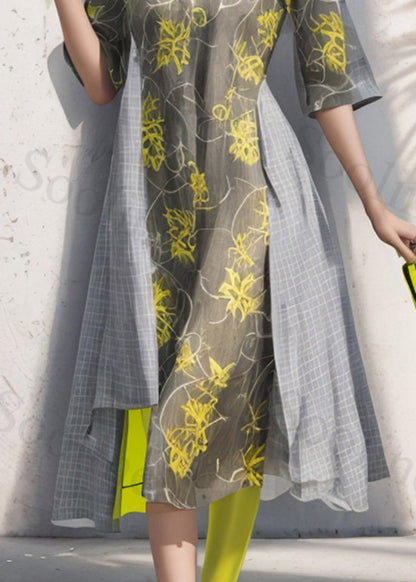 Natural Colorblock O Neck Print Loose Silk Dress Summer