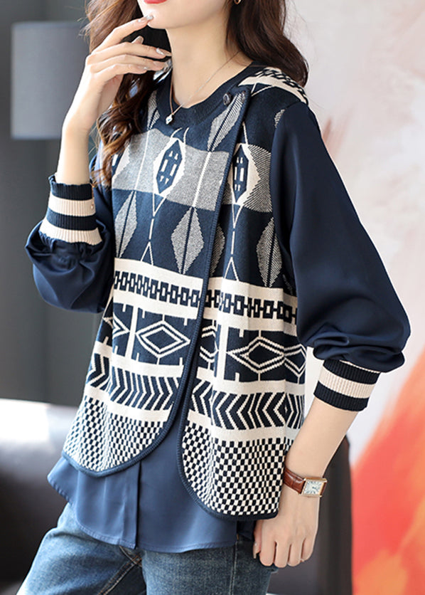Blue O Neck False Two Pieces Patchwork Knit Top Fall