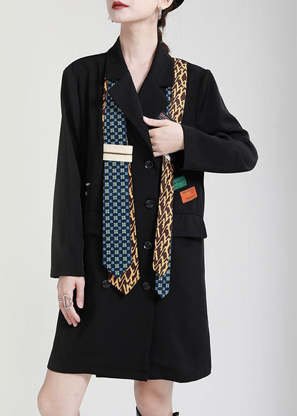Classy Black Peter Pan Collar Button Asymmetrical Design Pockets Fall Maxi Dresses Long Sleeve