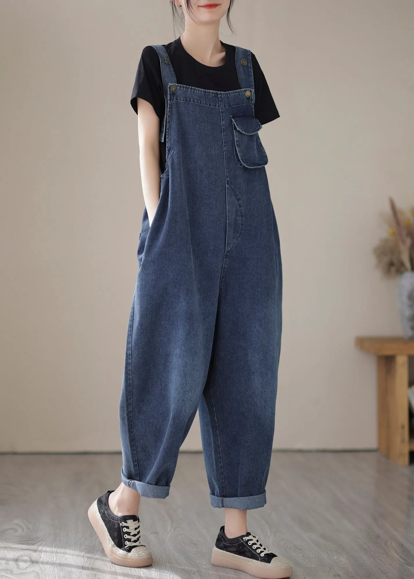 Blue Slash Neck Patchwork Button Denim Jumpsuit Summer