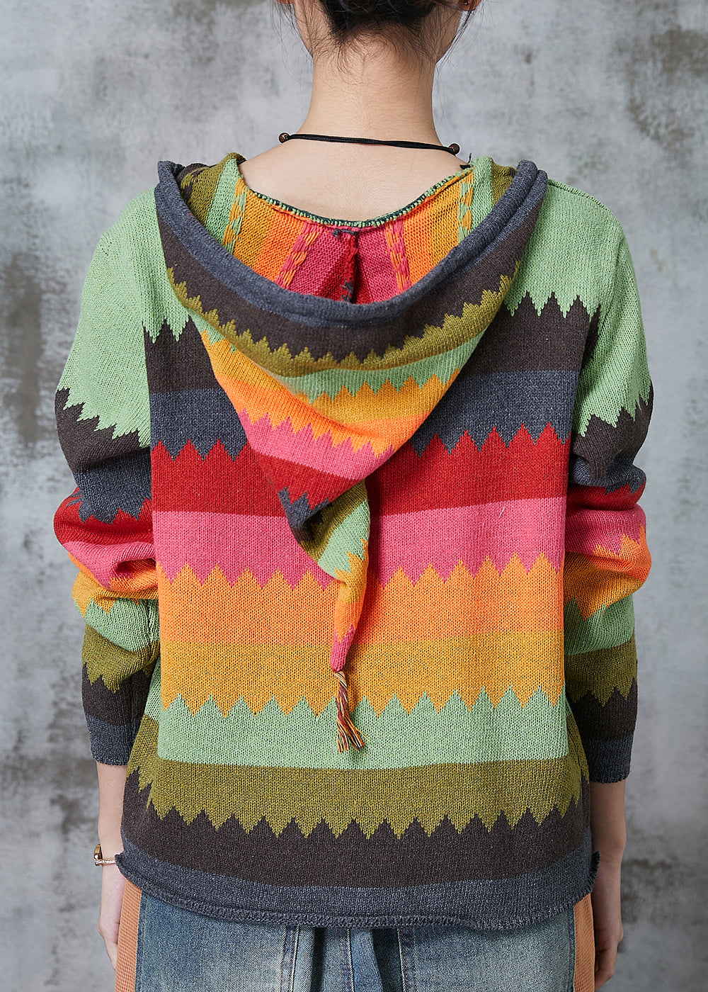Green Hooded Print Knit Coat Spring