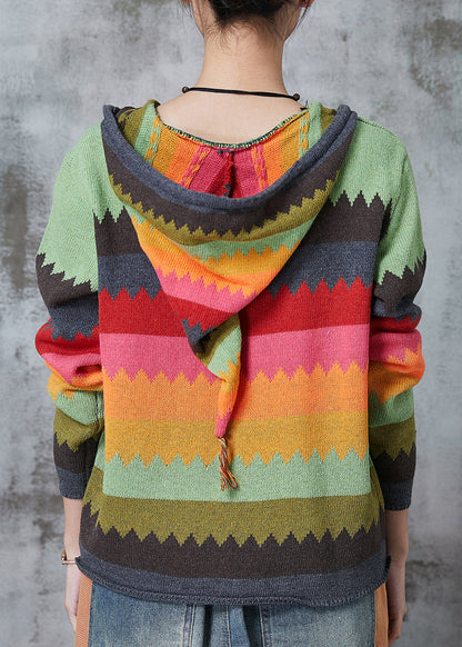 Green Hooded Print Knit Coat Spring
