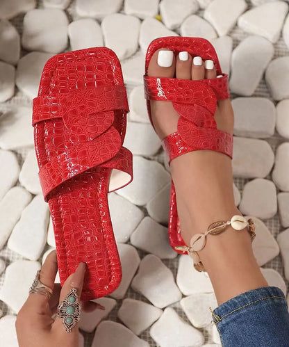 Red Faux Leather Slide Sandals Peep Toe