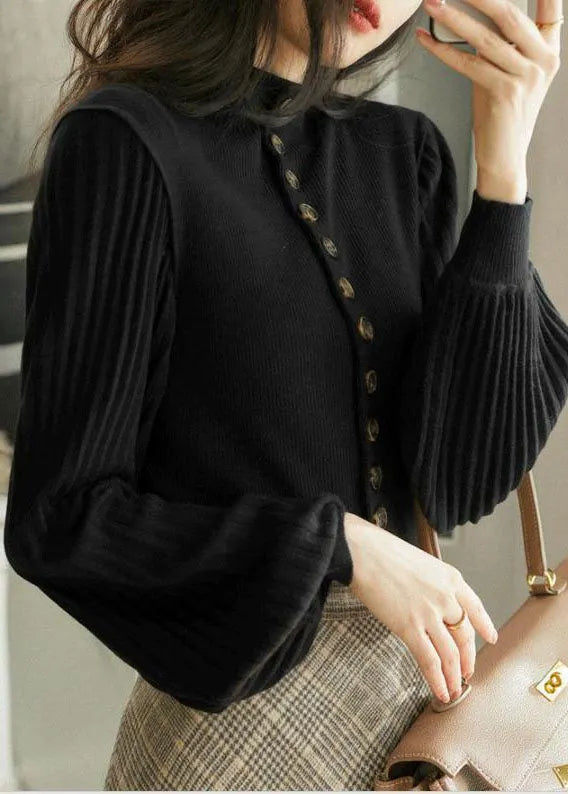 Natural Khaki Retro Button Lantern Sleeve Slim Fit Fall Sweater