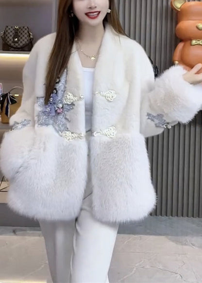 Natural White Embroideried Patchwork Chinese Button Faux Fur Coat Outwear Winter