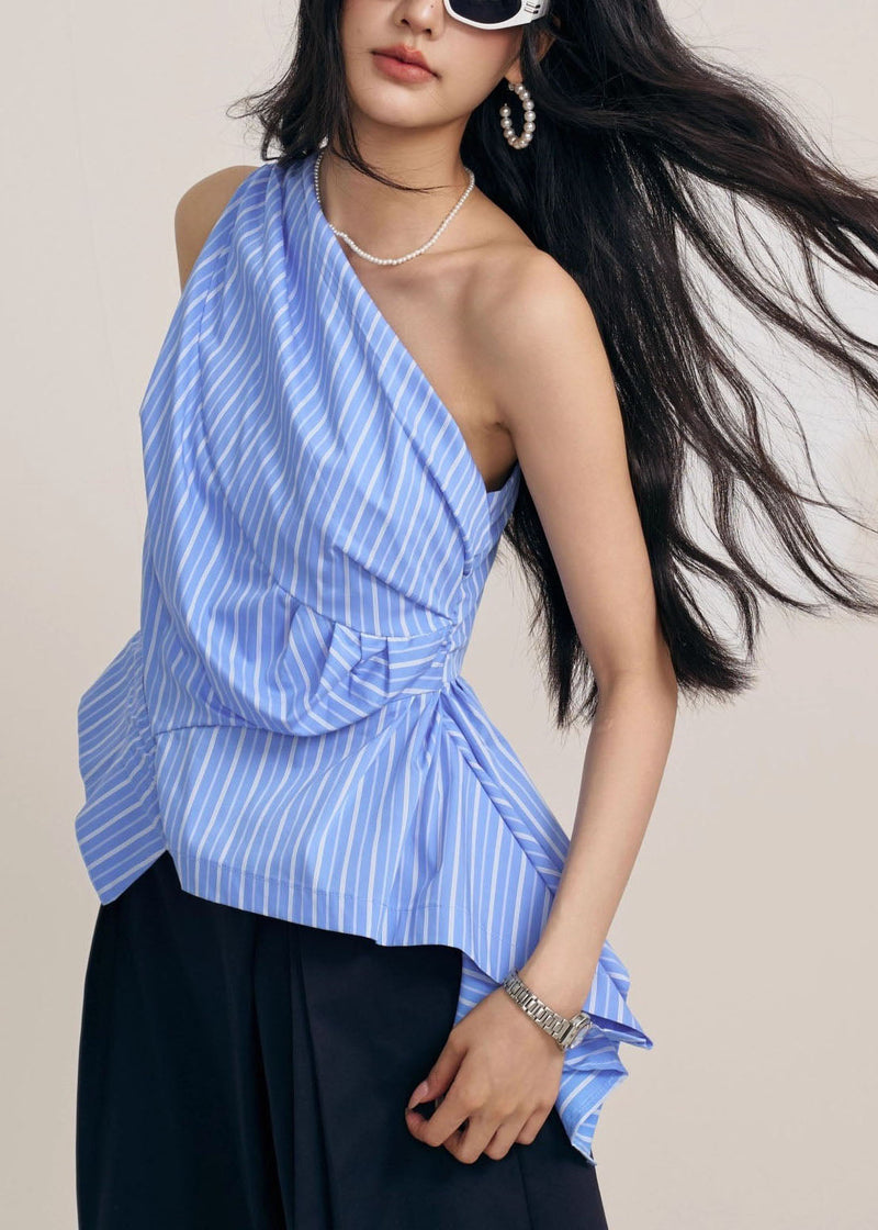 Blue Asymmetrical One Shoulder Wrinkled Striped Tops Sleeveless