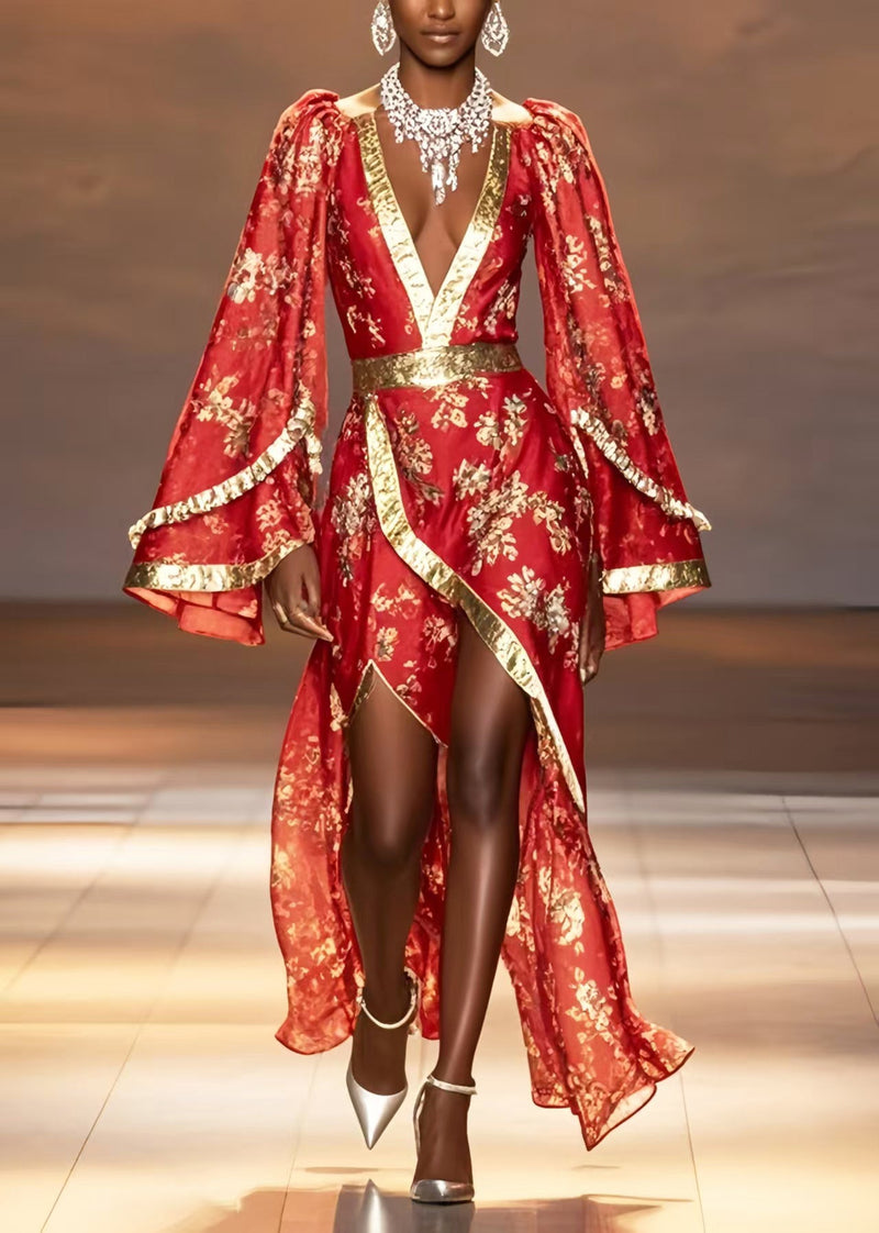New Retro Chinese Red Asymmetrical Design Chiffon Wedding Dress Flare Sleeve Spring