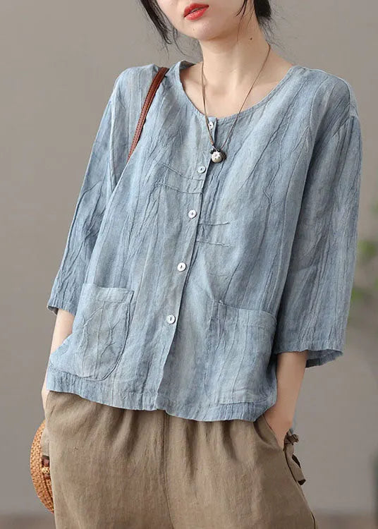 Yellow Patchwork Linen Shirt Tops Pockets Bracelet Sleeve