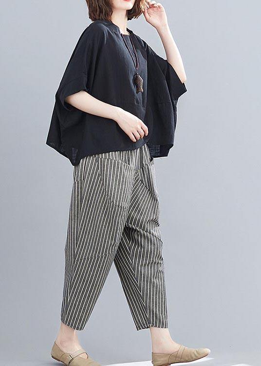 Summer Black Linen Bat Short Sleeve Top + Stripe Nine Point Harlem Pants