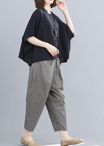 Summer Black Linen Bat Short Sleeve Top + Stripe Nine Point Harlem Pants