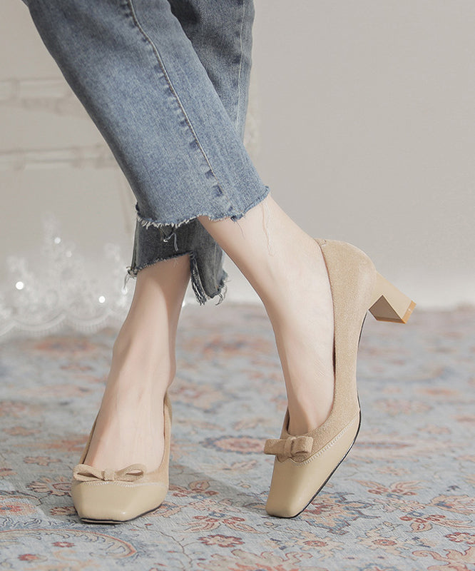 Wine Red Suede Bow Splicing Chunky Heel