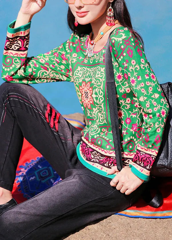 Diy Green O-neck Print Top Long Sleeve