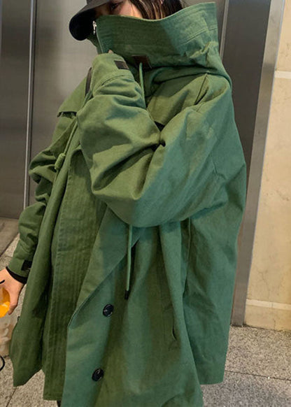 Green Loose Zippered Pockets Fall Coat