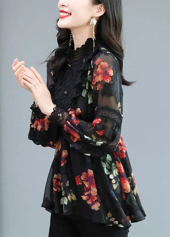 Black Stand Collar Patchwork Print Chiffon Shirt Top Spring