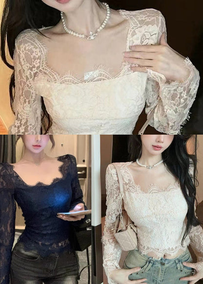 Black Hollow Out Lace Eyelash Tops Spring