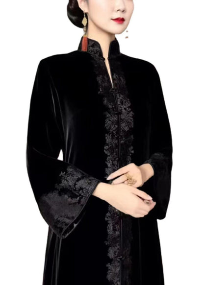 New Black Embroideried Button Fleece Silk Velour Long Dresses Flare Sleeve Fall