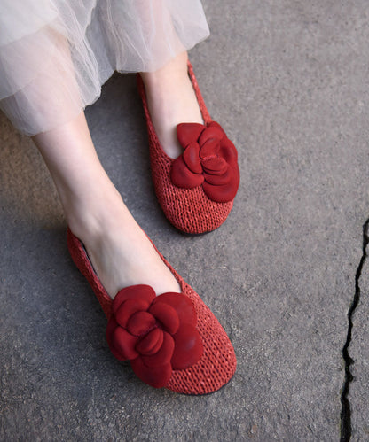 Handmade Red Flat Shoes Sheepskin Splicing