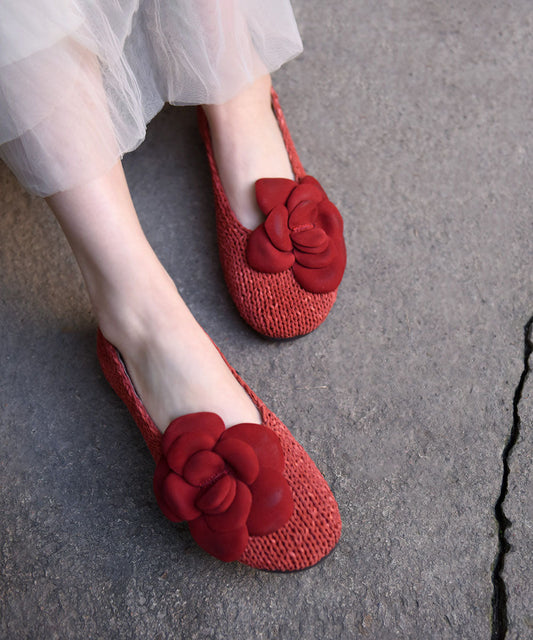 Handmade Red Flat Shoes Sheepskin Splicing