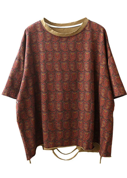Classy Dark Red O-neck Print Patchwork Cotton Tanks Short Sleeve