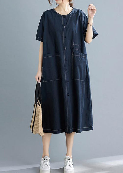Blue Pockets Short Sleeve Maxi Summer Cotton Dress