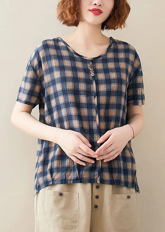 Blue O Neck Plaid Cotton T Shirt Top Short Sleeve