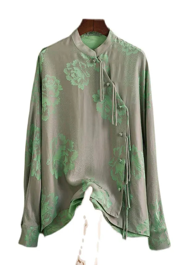 Green Mandarin Collar Button Print Silk Shirt Top Spring