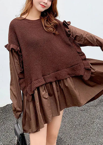 Coffee Knit Patchwork Ruffled Fall Sweaters